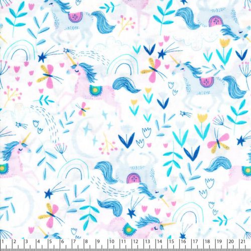 Tissu coton imprimé licornes fond blanc Tissu coton imprimé licornes fond blanc