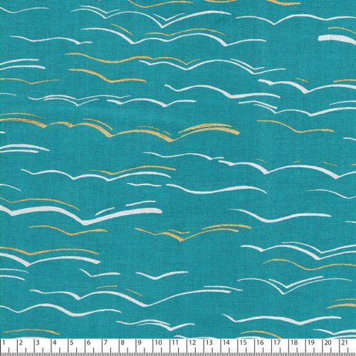 Tissu coton imprimé vagues métallisées or fond bleu Tissu coton imprimé vagues métallisées or fond bleu