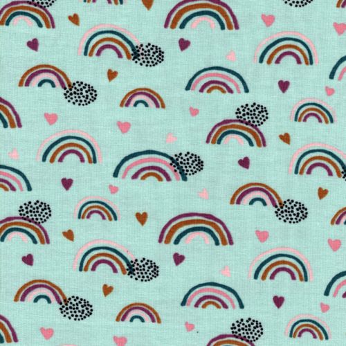 Tissu jersey Bio rainbow & hearts vert Poppy Tissu jersey Bio rainbow & hearts vert Poppy