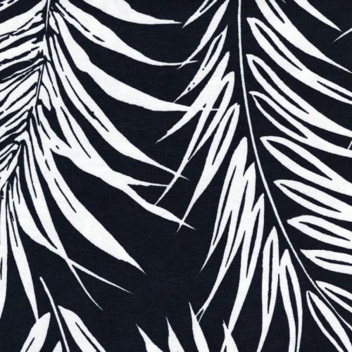 Tissu jersey feuilles de palme fond marine Tissu jersey feuilles de palme fond marine