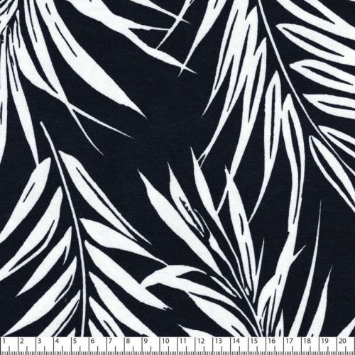 Tissu jersey feuilles de palme fond marine Tissu jersey feuilles de palme fond marine