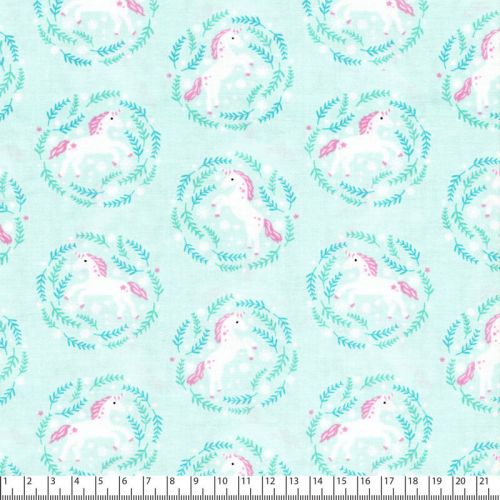 Tissu licornes en médaillon fd vert 100% coton larg 110 cm Tissu licornes en médaillon fd vert 100% coton larg 110 cm