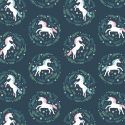 Tissu licornes en médaillon fd bleu 100% coton larg 110 cm
