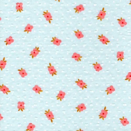 Tissu plumetis fleurs roses fond bleu Tissu plumetis fleurs roses fond bleu
