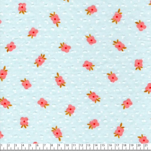 Tissu plumetis fleurs roses fond bleu Tissu plumetis fleurs roses fond bleu