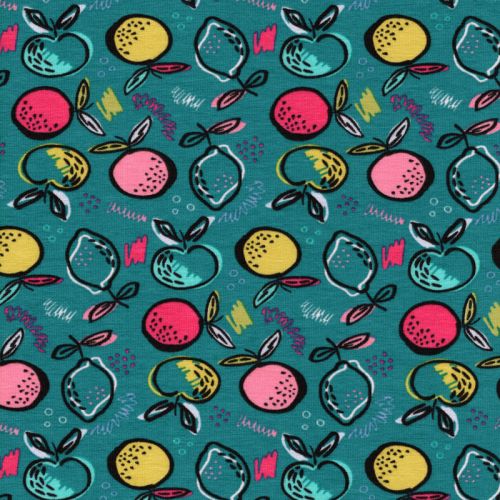 Tissu jersey fruits fond turquoise Tissu jersey fruits fond turquoise
