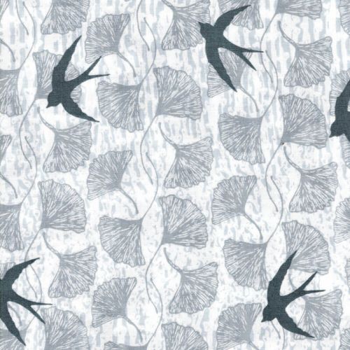 Tissu coton hirondelles et ginkgo fond gris Tissu coton hirondelles et ginkgo fond gris