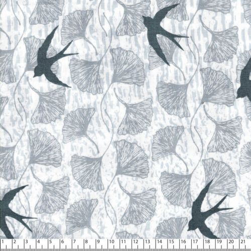 Tissu coton hirondelles et ginkgo fond gris Tissu coton hirondelles et ginkgo fond gris