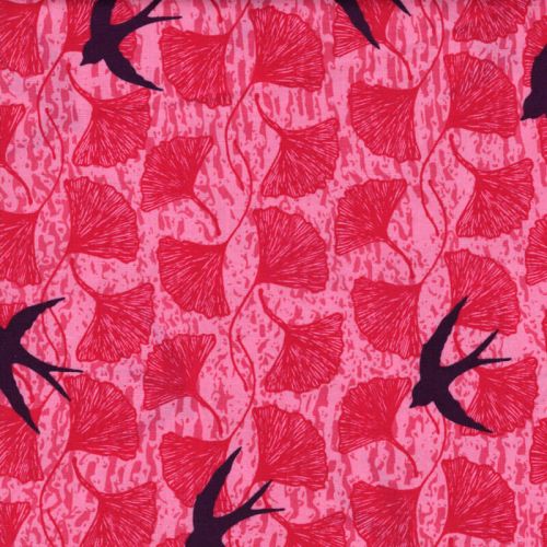 Tissu coton hirondelles et ginkgo fond rose Tissu coton hirondelles et ginkgo fond rose