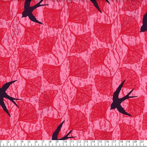 Tissu coton hirondelles et ginkgo fond rose Tissu coton hirondelles et ginkgo fond rose