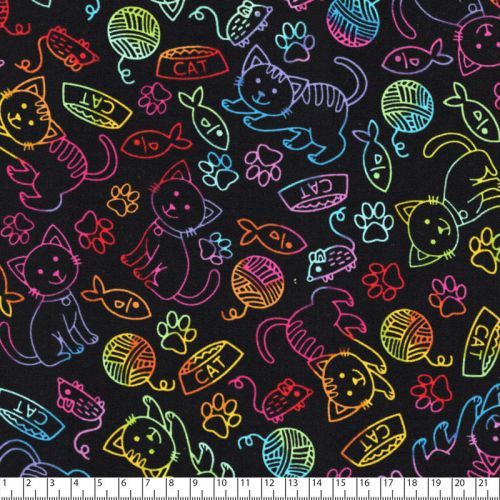 Tissu coton chats traits arc en ciel Tissu coton chats traits arc en ciel