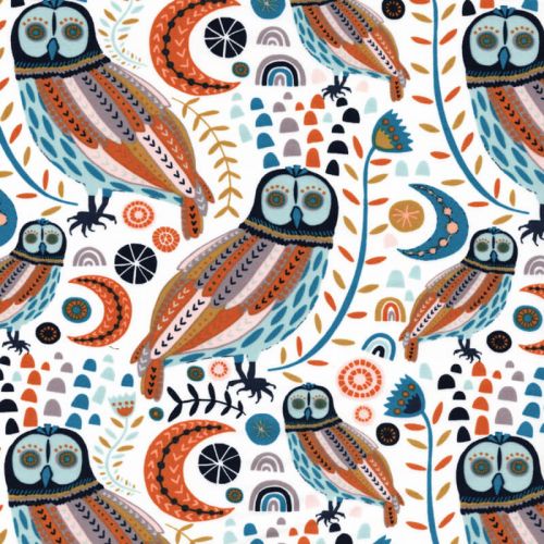 Tissu coton chouettes multicolores fond blanc Tissu coton chouettes multicolores fond blanc