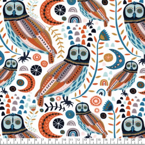 Tissu coton chouettes multicolores fond blanc Tissu coton chouettes multicolores fond blanc