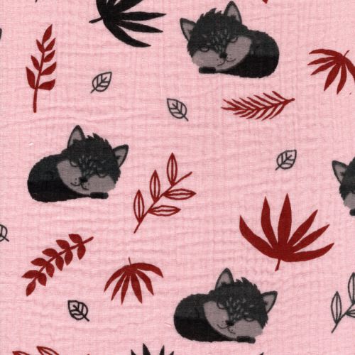 Tissu double gaze de coton renard fond rose Tissu double gaze de coton renard fond rose