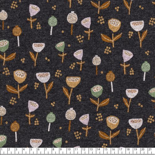 Tissu sweat gratté Fantasy flowers  pointe de glitter gris Poppy