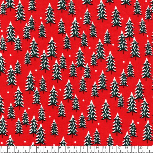 Tissu coton sapins enneigés fond rouge Rifle Paper Co Tissu coton sapins enneigés fond rouge Rifle Paper Co