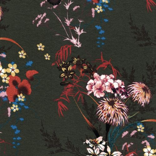 Tissu jersey viscose bouquets fond kaki Tissu jersey viscose bouquets fond kaki