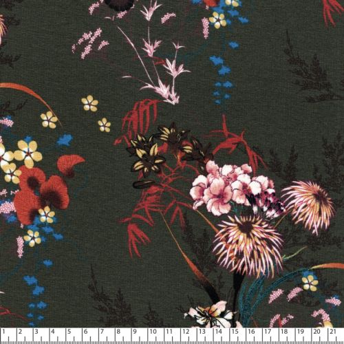 Tissu jersey viscose bouquets fond kaki Tissu jersey viscose bouquets fond kaki