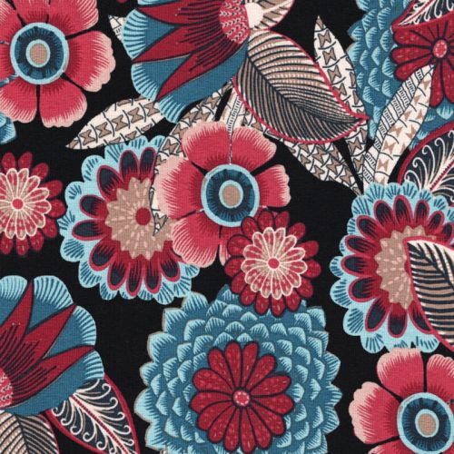 Tissu jersey viscose grosses fleurs fond noir Tissu jersey viscose grosses fleurs fond noir