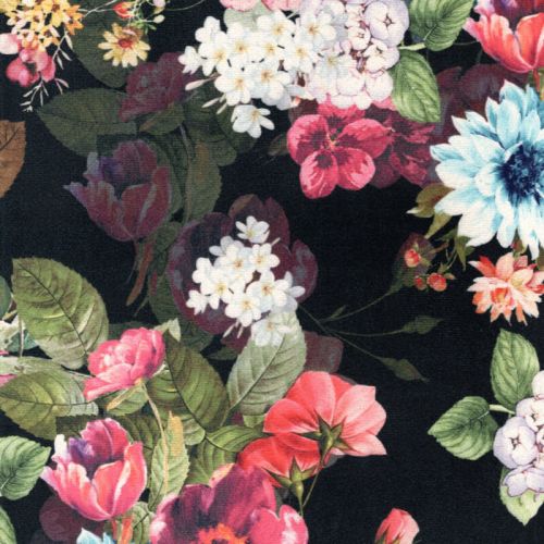 Tissu toucher suédine bouquets fond noir Tissu toucher suédine bouquets fond noir