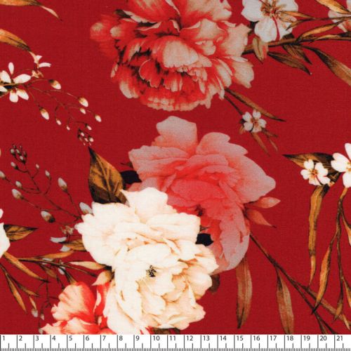 Tissu viscose pivoines sur fond rouge Tissu viscose pivoines sur fond rouge