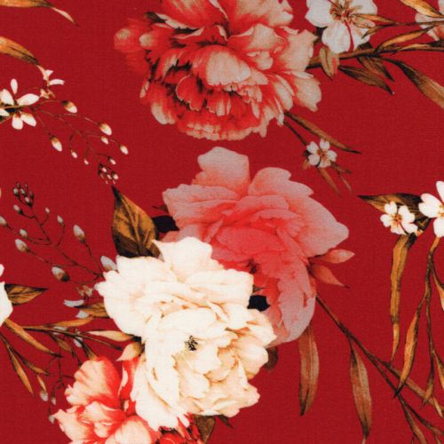 Tissu viscose pivoines sur fond rouge Tissu viscose pivoines sur fond rouge