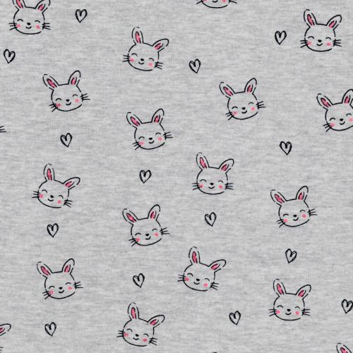 Tissu sweat lapins coeur fond gris chiné Tissu sweat lapins coeur fond gris chiné