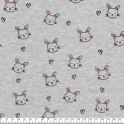 Tissu sweat lapins coeur fond gris chiné Tissu sweat lapins coeur fond gris chiné