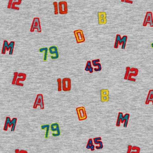 Tissu sweat chiffres et lettres fond gris chiné Tissu sweat chiffres et lettres fond gris chiné