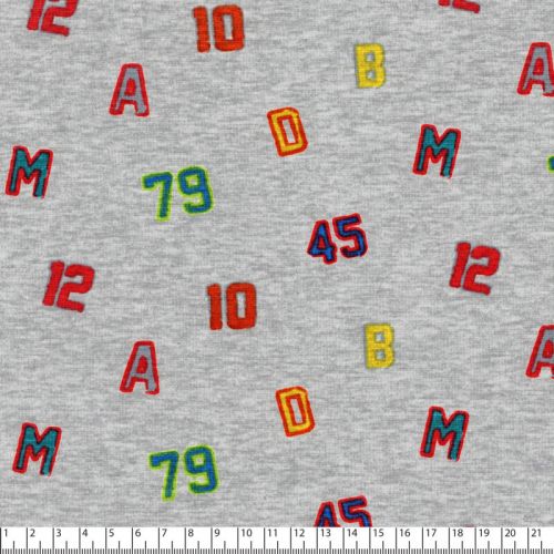 Tissu sweat chiffres et lettres fond gris chiné Tissu sweat chiffres et lettres fond gris chiné