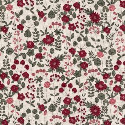 Tissu toile effet lin fleurs bordeaux