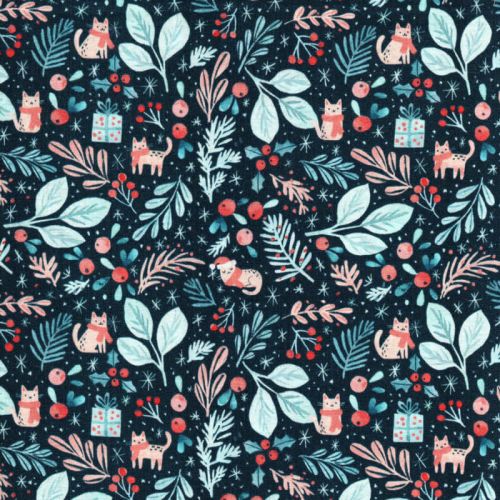 Tissu coton chats de noël fond bleu marine Tissu coton chats de noël fond bleu marine