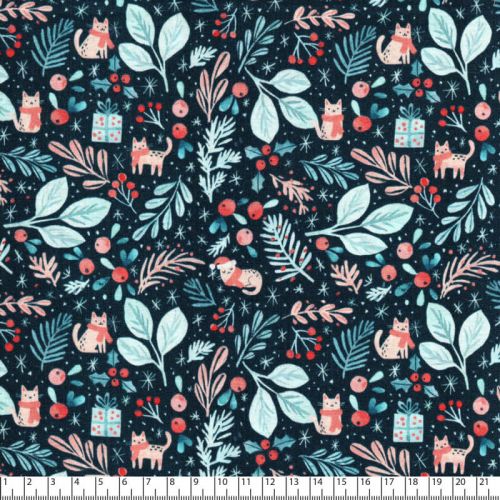 Tissu coton chats de noël fond bleu marine Tissu coton chats de noël fond bleu marine