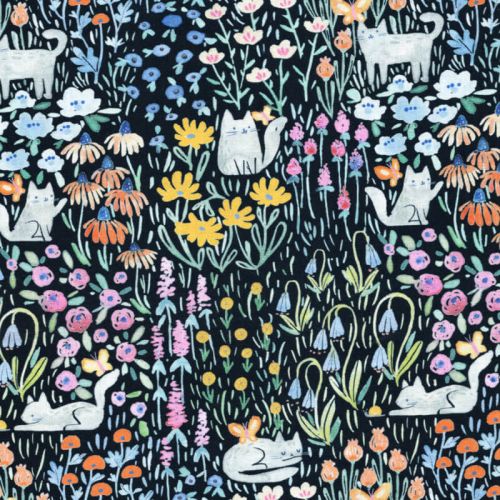 Tissu coton chats dans la prairie fond noir Tissu coton chats dans la prairie fond noir
