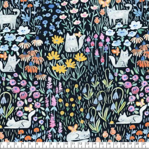 Tissu coton chats dans la prairie fond noir Tissu coton chats dans la prairie fond noir