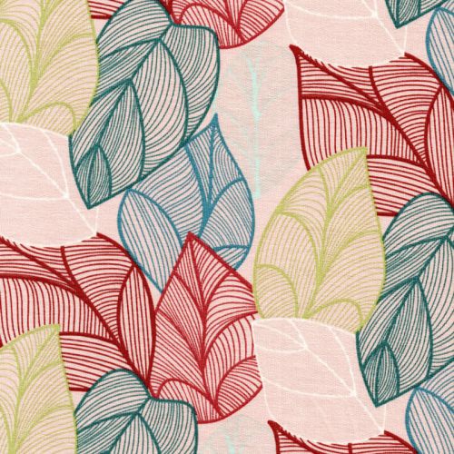 Tissu jersey french terry feuilles fond rose pâle Tissu jersey french terry feuilles fond rose pâle