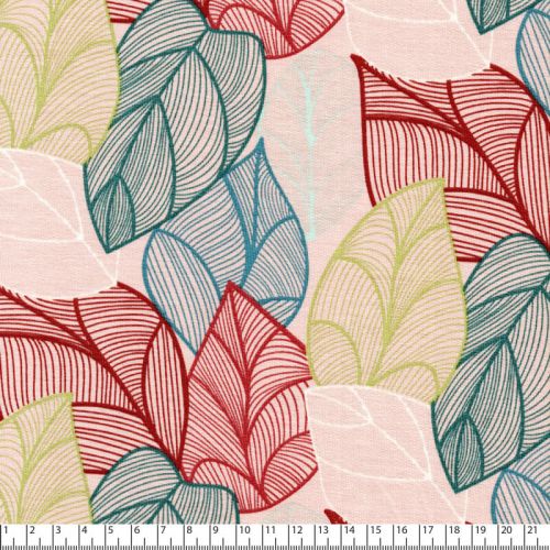 Tissu jersey french terry feuilles fond rose pâle Tissu jersey french terry feuilles fond rose pâle