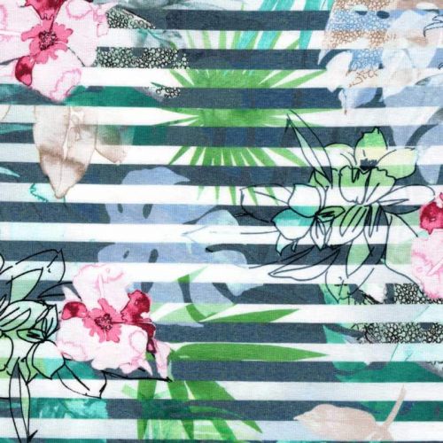 Tissu jersey rayures tropicales 95% vis / 5%el larg 150 cm Tissu jersey rayures tropicales 95% vis / 5%el larg 150 cm