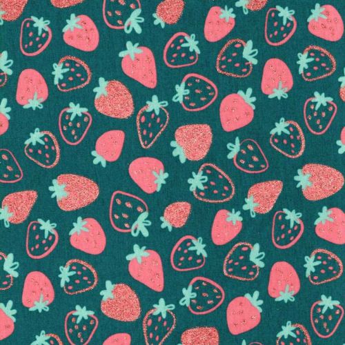 Tissu jersey fraises glitter fond émeraude Poppy Tissu jersey fraises glitter fond émeraude Poppy