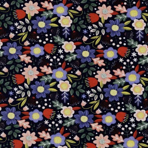 Tissu jersey fleurs rétro fond bleu marine Poppy Tissu jersey fleurs rétro fond bleu marine Poppy