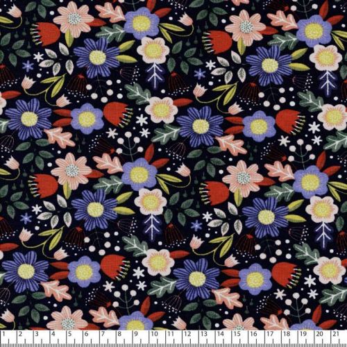 Tissu jersey fleurs rétro fond bleu marine Poppy Tissu jersey fleurs rétro fond bleu marine Poppy