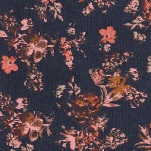 Tissu jersey jardin de fleur fond bleu marine imprimé digital Tissu jersey jardin de fleur fond bleu marine imprimé digital
