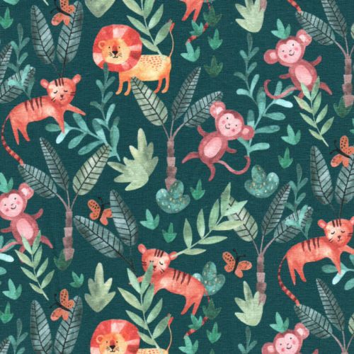 Tissu jersey jungle fond bleu carnard Tissu jersey jungle fond bleu carnard