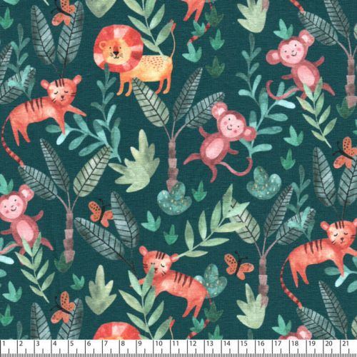 Tissu jersey jungle fond bleu carnard Tissu jersey jungle fond bleu carnard
