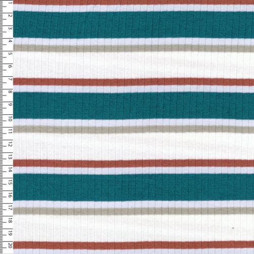 Tissu jersey côtelé rayures bleu et beige