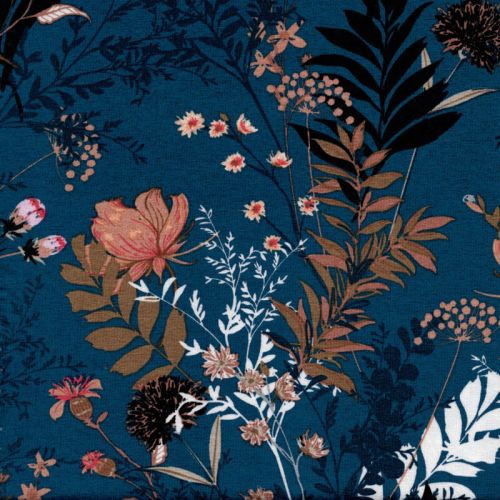 Tissu jersey jardin romantique fond bleu Tissu jersey jardin romantique fond bleu