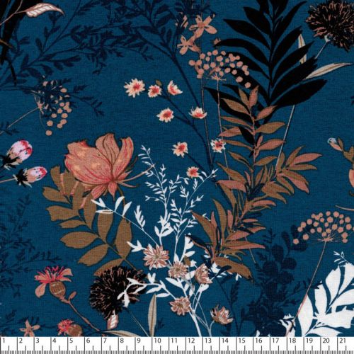Tissu jersey jardin romantique fond bleu Tissu jersey jardin romantique fond bleu