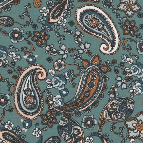 Tissu viscose élasthanne Paisley fond vert sauge Tissu viscose élasthanne Paisley fond vert sauge