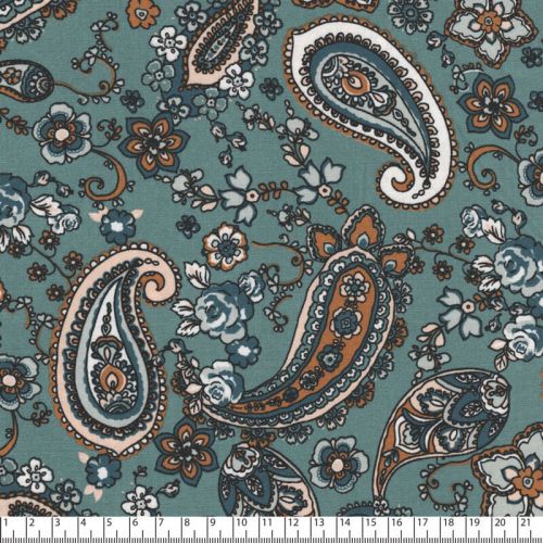 Tissu viscose élasthanne Paisley fond vert sauge Tissu viscose élasthanne Paisley fond vert sauge
