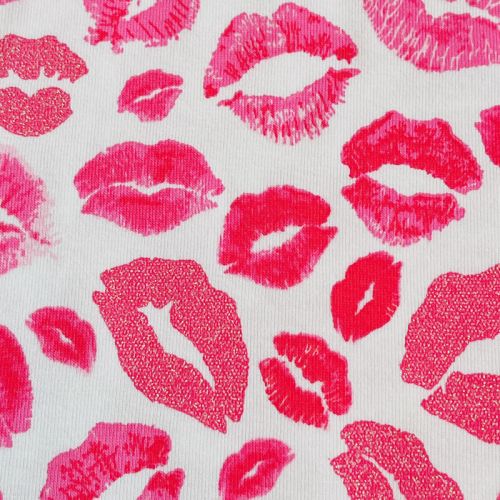 Tissu jersey bisous rose glitter fond blanc Tissu jersey bisous rose glitter fond blanc